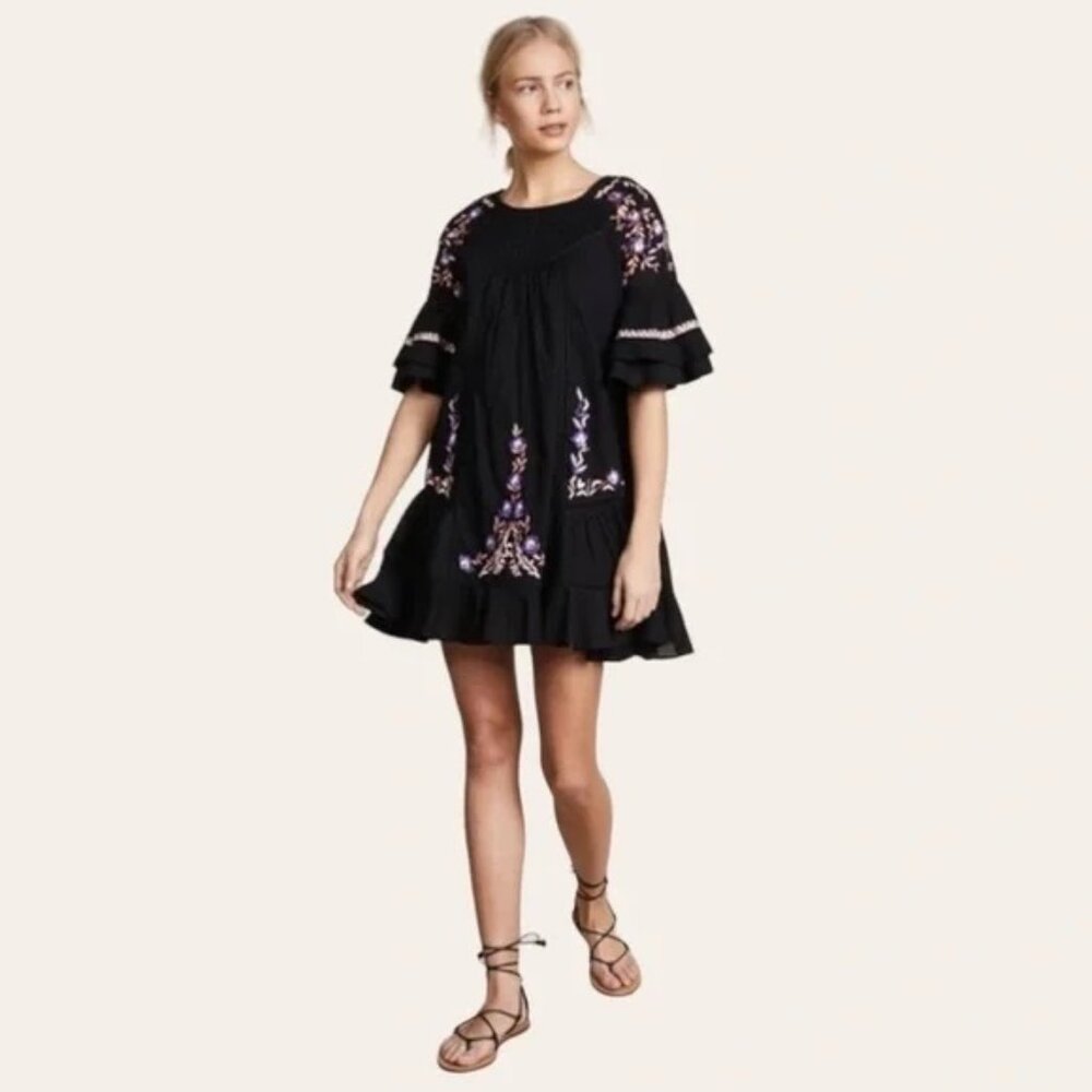 Free People Pavlo Boho Embroidered Swing A-Line‎ Mini Dress Black XS